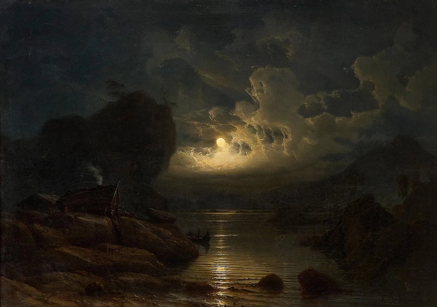 Paesaggio costiero con folla al chiaro di luna, (1852)